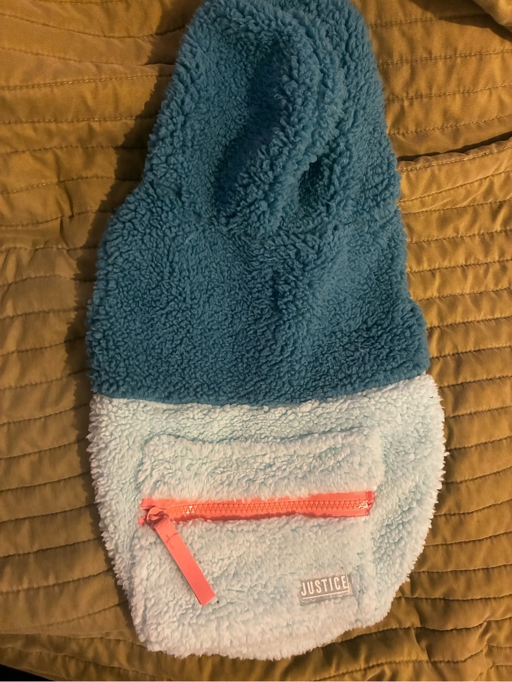 NWOT Justice Sherpa Fleece Dog Hooded Pullover Teal & Light Blue with Coral Zip
